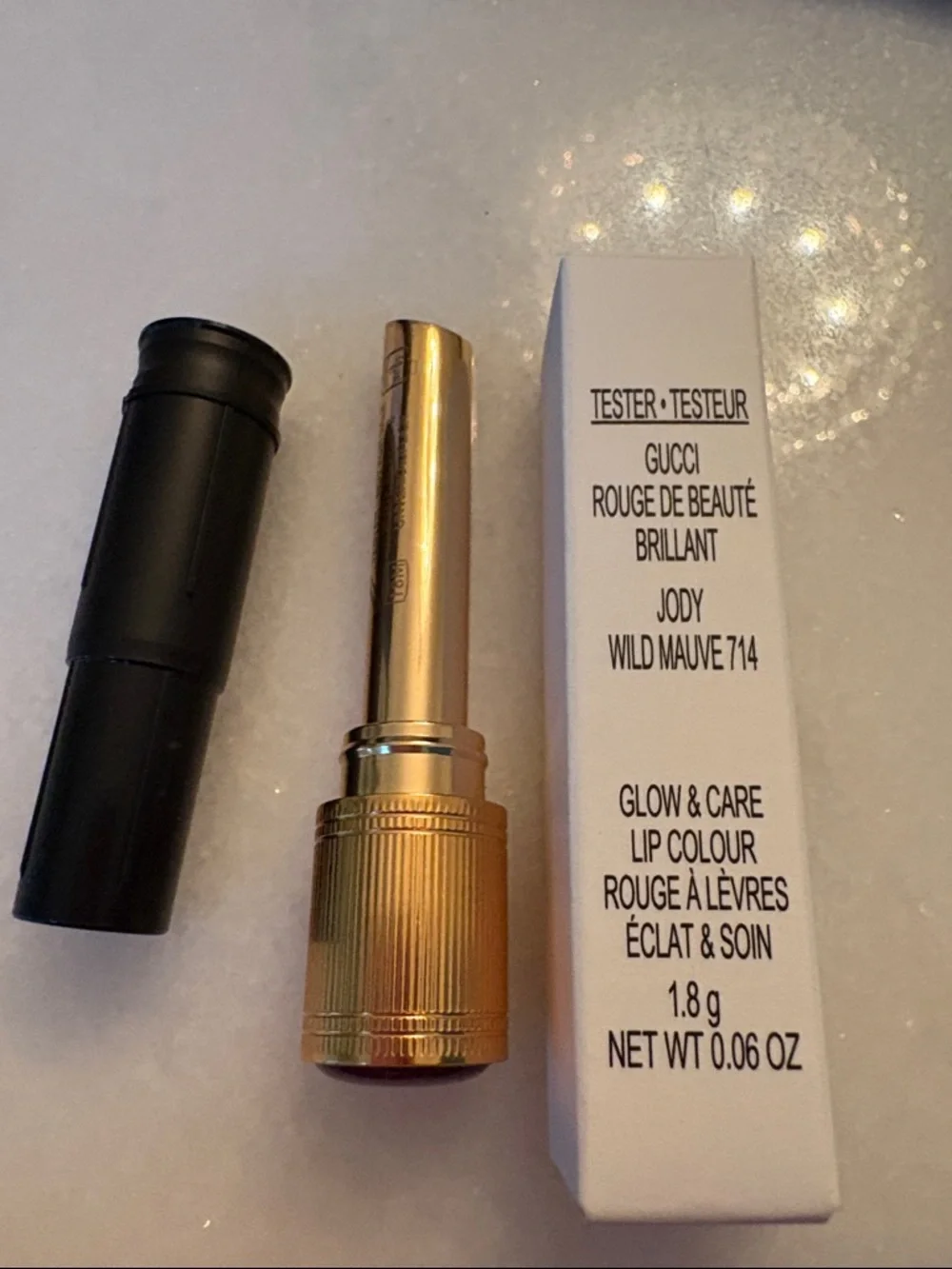 Gucci Rouge De Beauté Brillant Glow&Care Lipstick 714 Jody Wild Mauve Tester New